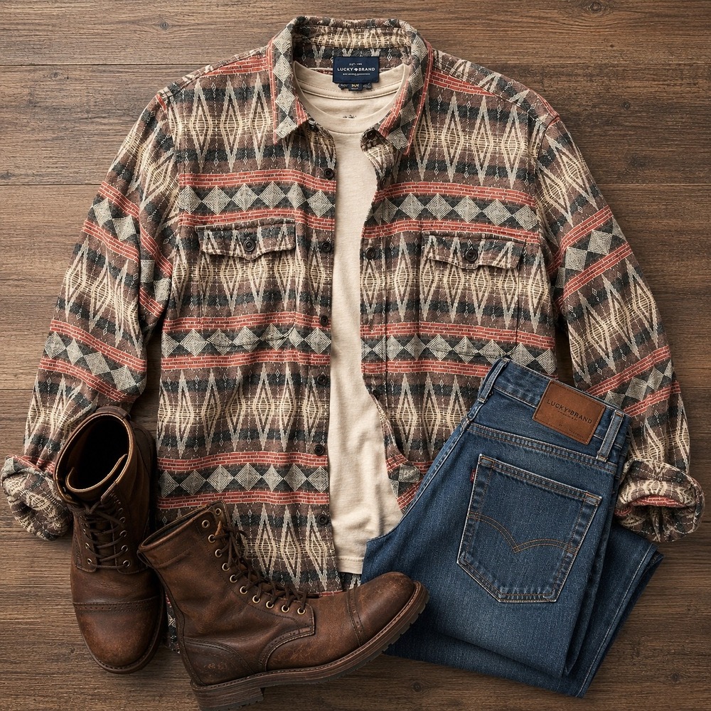 Lucky Brand Southwestern Geometric Button Down Shirt Womens Medium Western Boho